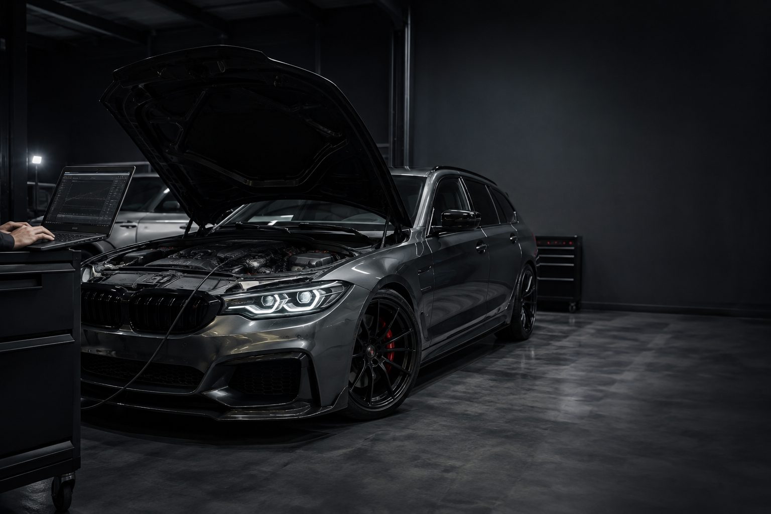 ECU Tuner UK technician remapping a vehicle with diagnostic equipment
